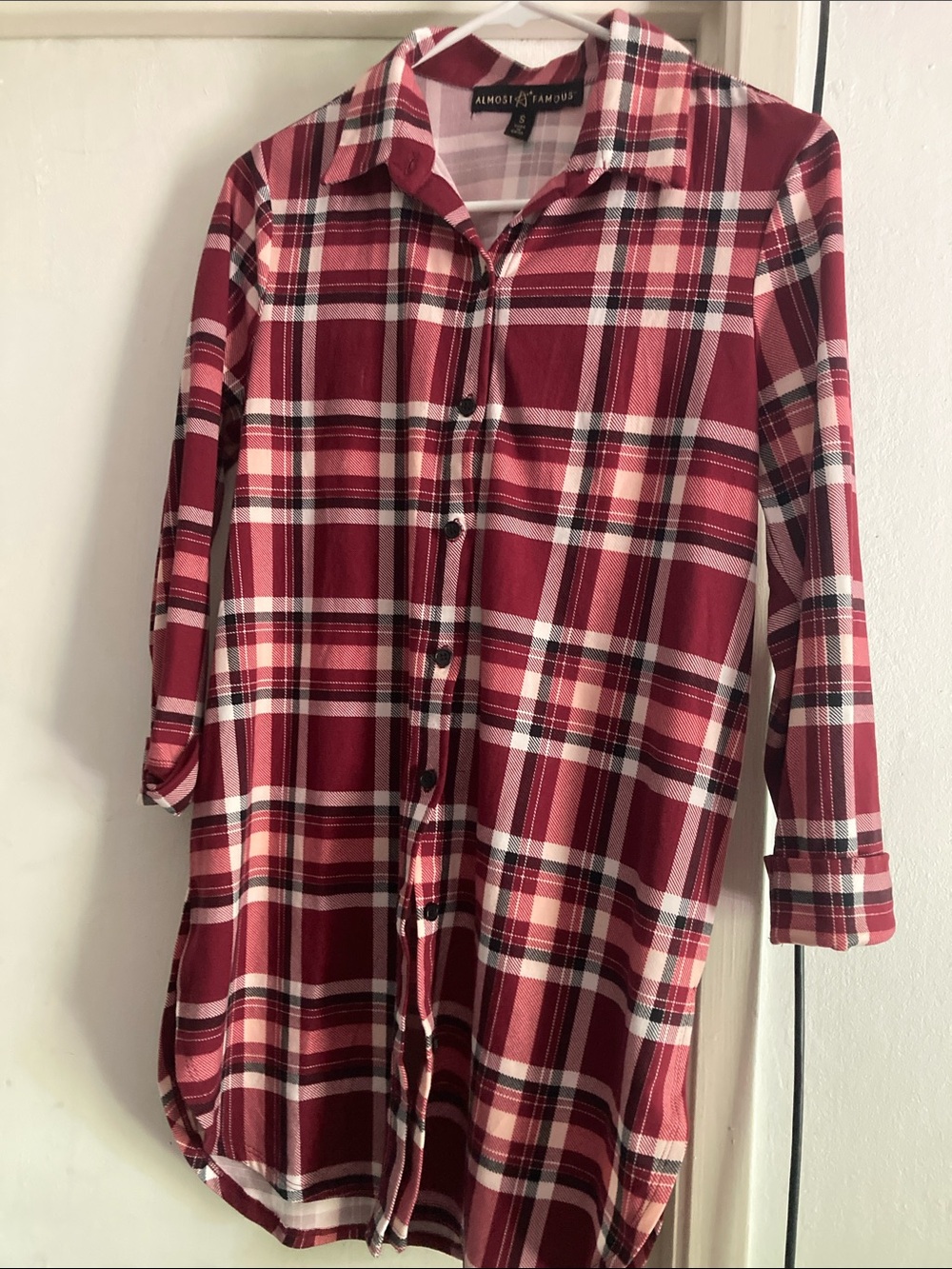 Almost Famous Burgundy and White Plaid Button-Down Shirt